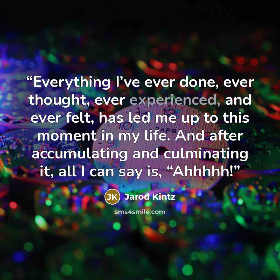 “Everything I’ve ever done, ever thought, ever experienced, and ever felt, has led me up to this moment in my life. And after accumulating and culminating it, all I can say is, “Ahhhhh!” quote by Jarod Kintz
