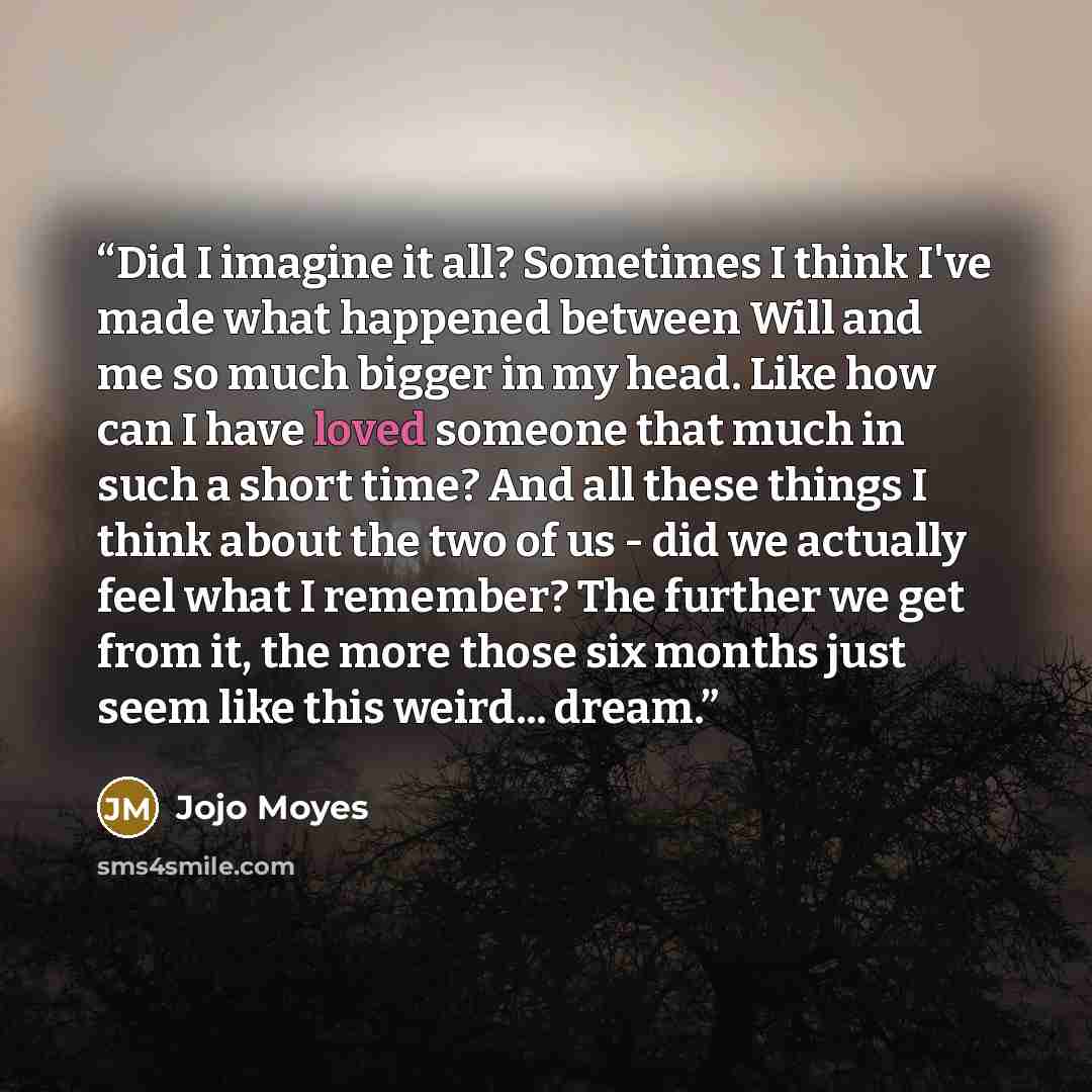 “Did I imagine it all? Sometimes I think I've made what happened between Will and me so much bigger in my head. Like how can I have loved someone that much in such a short time? And all these things I think about the two of us - did we actually feel what I remember? The further we get from it, the…” quote by Jojo Moyes