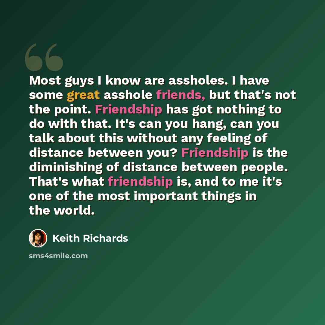 “Most guys I know are assholes. I have some great asshole friends, but that's not the point. Friendship has got nothing to do with that. It's can you hang, can you talk about this without any feeling of distance between you? Friendship is the diminishing of distance between people. That's what…” quote by Keith Richards