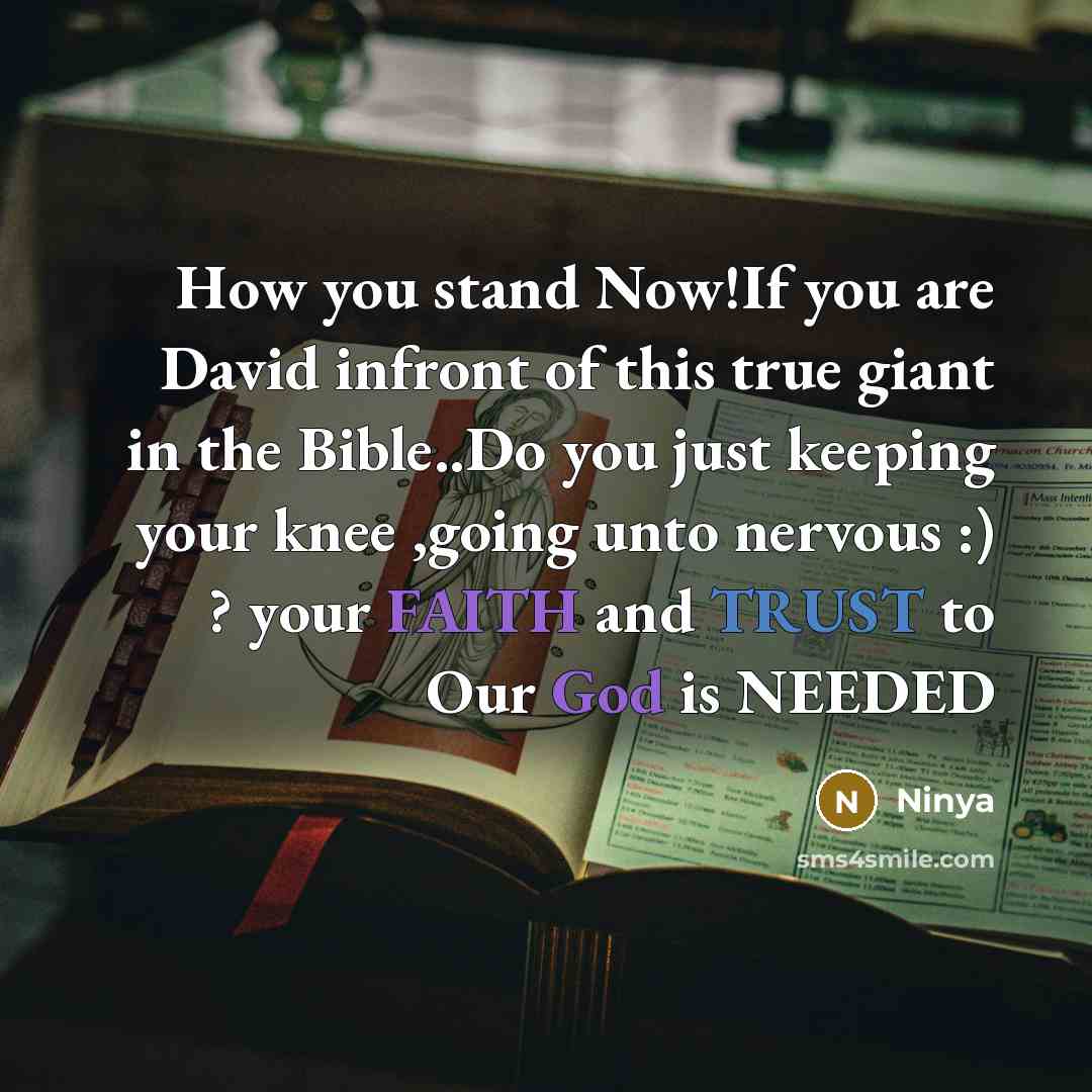 “How you stand Now!If you are David infront of this true giant in the Bible..Do you just keeping your knee ,going unto nervous :) ? your FAITH and TRUST to Our God is NEEDED” quote by Ninya