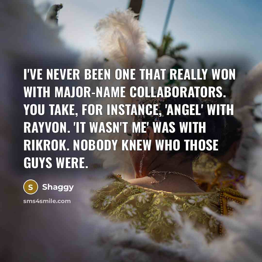 “I've never been one that really won with major-name collaborators. You take, for instance, 'Angel' with Rayvon. 'It Wasn't Me' was with Rikrok. Nobody knew who those guys were.” quote by Shaggy