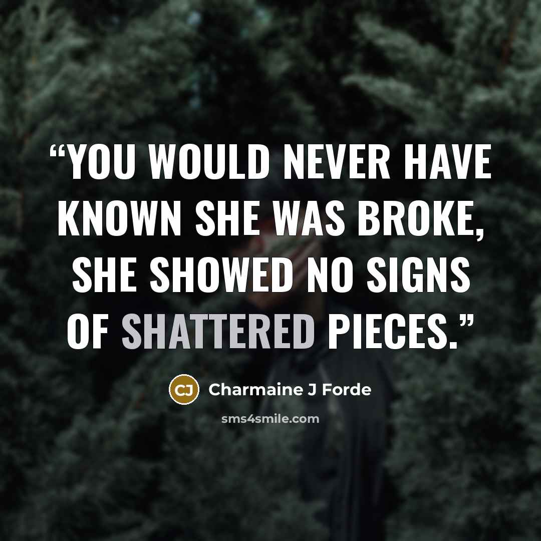 “You would never have known she was broke, she showed no signs of shattered pieces.” quote by Charmaine J Forde