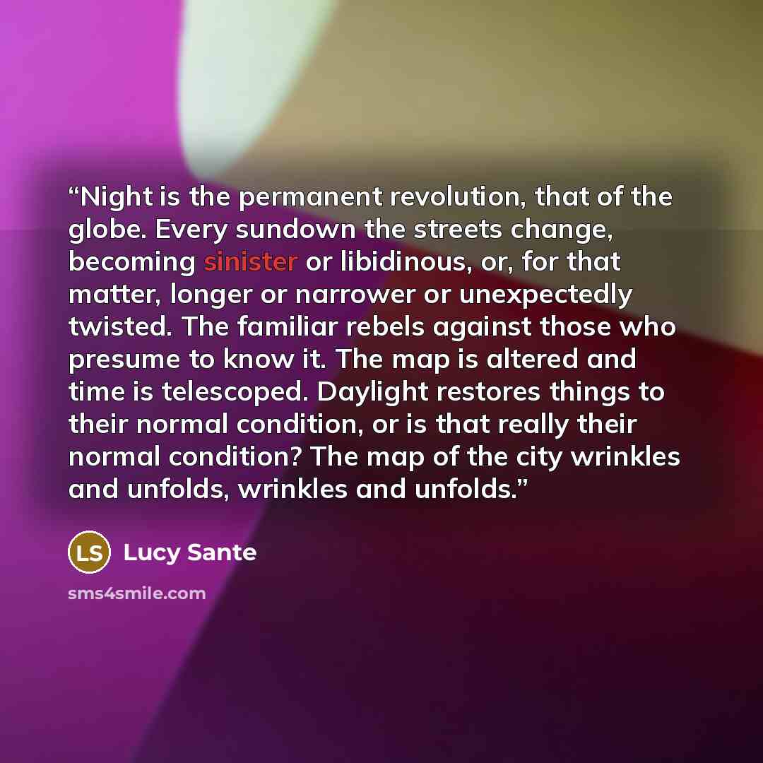 “Night is the permanent revolution, that of the globe. Every sundown the streets change, becoming sinister or libidinous, or, for that matter, longer or narrower or unexpectedly twisted. The familiar rebels against those who presume to know it. The map is altered and time is telescoped. Daylight…” quote by Lucy Sante