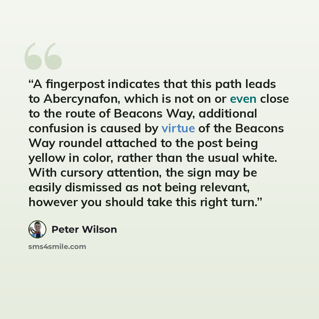 “A fingerpost indicates that this path leads to Abercynafon, which is not on or even close to the route of Beacons Way, additional confusion is caused by virtue of the Beacons Way roundel attached to the post being yellow in color, rather than the usual white. With cursory attention, the sign may…” quote by Peter Wilson