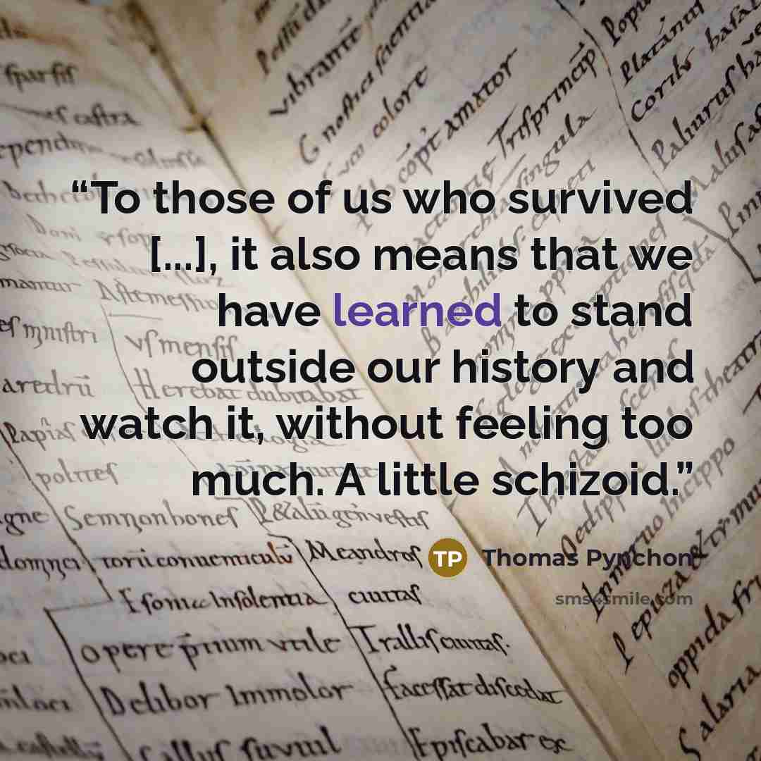 “To those of us who survived [...], it also means that we have learned to stand outside our history and watch it, without feeling too much. A little schizoid.” quote by Thomas Pynchon