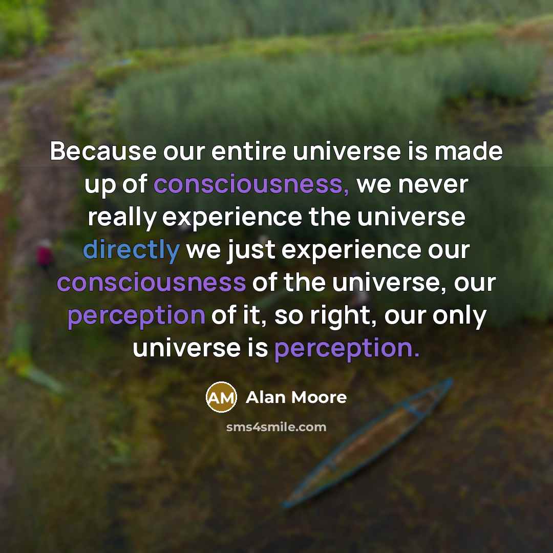 “Because our entire universe is made up of consciousness, we never really experience the universe directly we just experience our consciousness of the universe, our perception of it, so right, our only universe is perception.” quote by Alan Moore