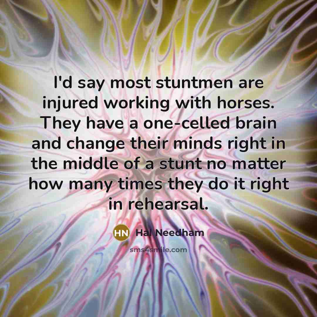 “I'd say most stuntmen are injured working with horses. They have a one-celled brain and change their minds right in the middle of a stunt no matter how many times they do it right in rehearsal.” quote by Hal Needham
