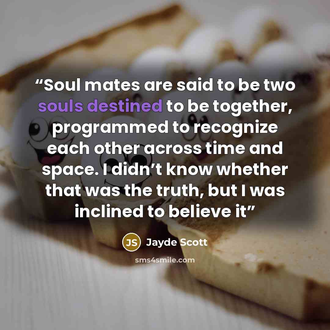 “Soul mates are said to be two souls destined to be together, programmed to recognize each other across time and space. I didn’t know whether that was the truth, but I was inclined to believe it” quote by Jayde Scott