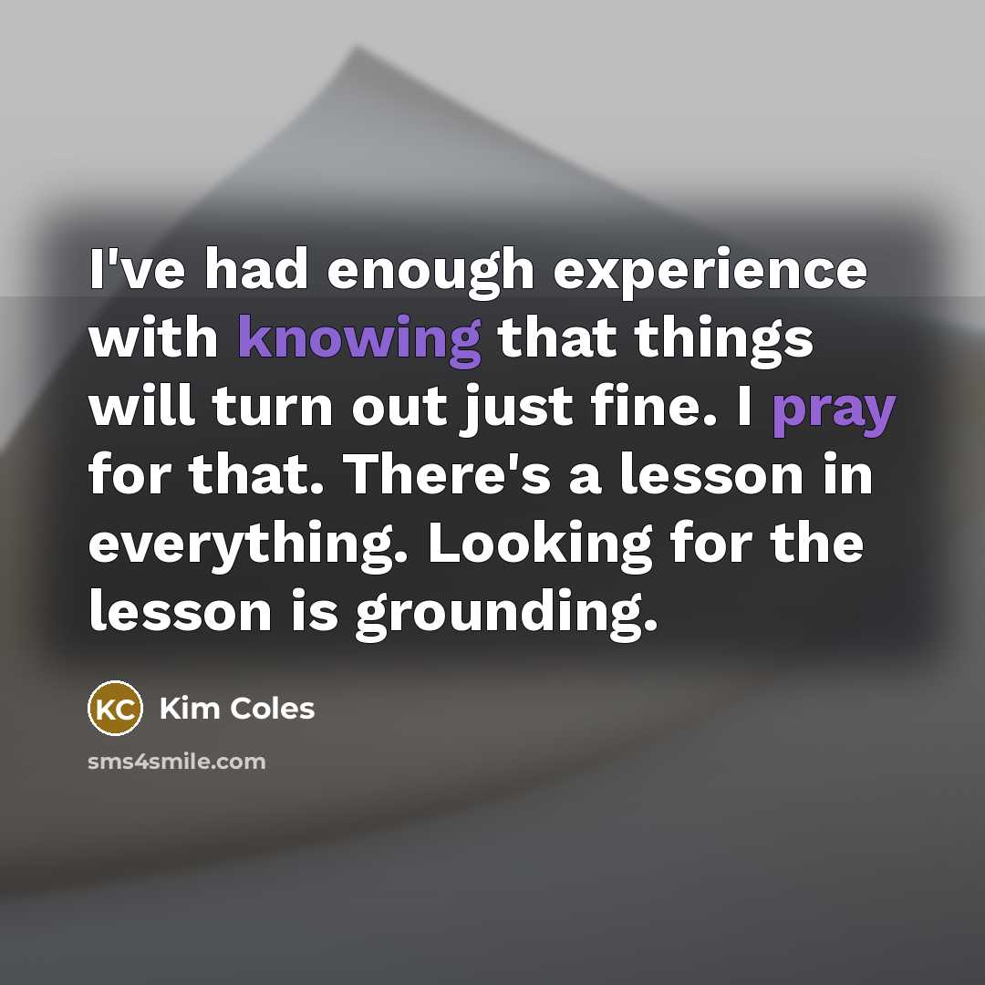 “I've had enough experience with knowing that things will turn out just fine. I pray for that. There's a lesson in everything. Looking for the lesson is grounding.” quote by Kim Coles