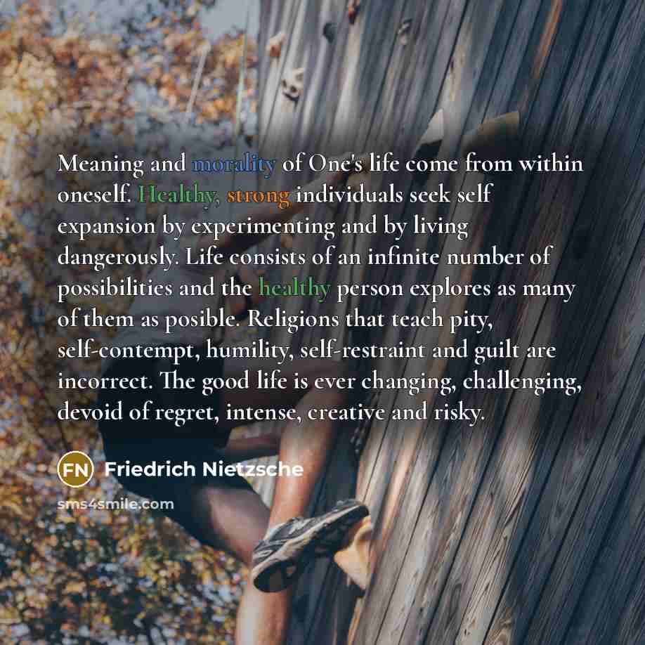 “Meaning and morality of One's life come from within oneself. Healthy, strong individuals seek self expansion by experimenting and by living dangerously. Life consists of an infinite number of possibilities and the healthy person explores as many of them as posible. Religions that teach pity…” quote by Friedrich Nietzsche