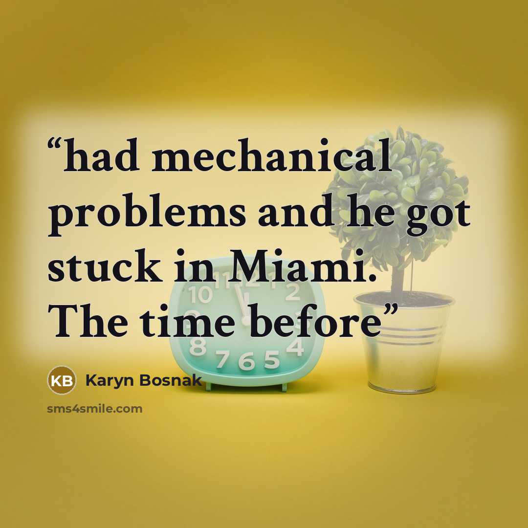 “had mechanical problems and he got stuck in Miami. The time before” quote by Karyn Bosnak