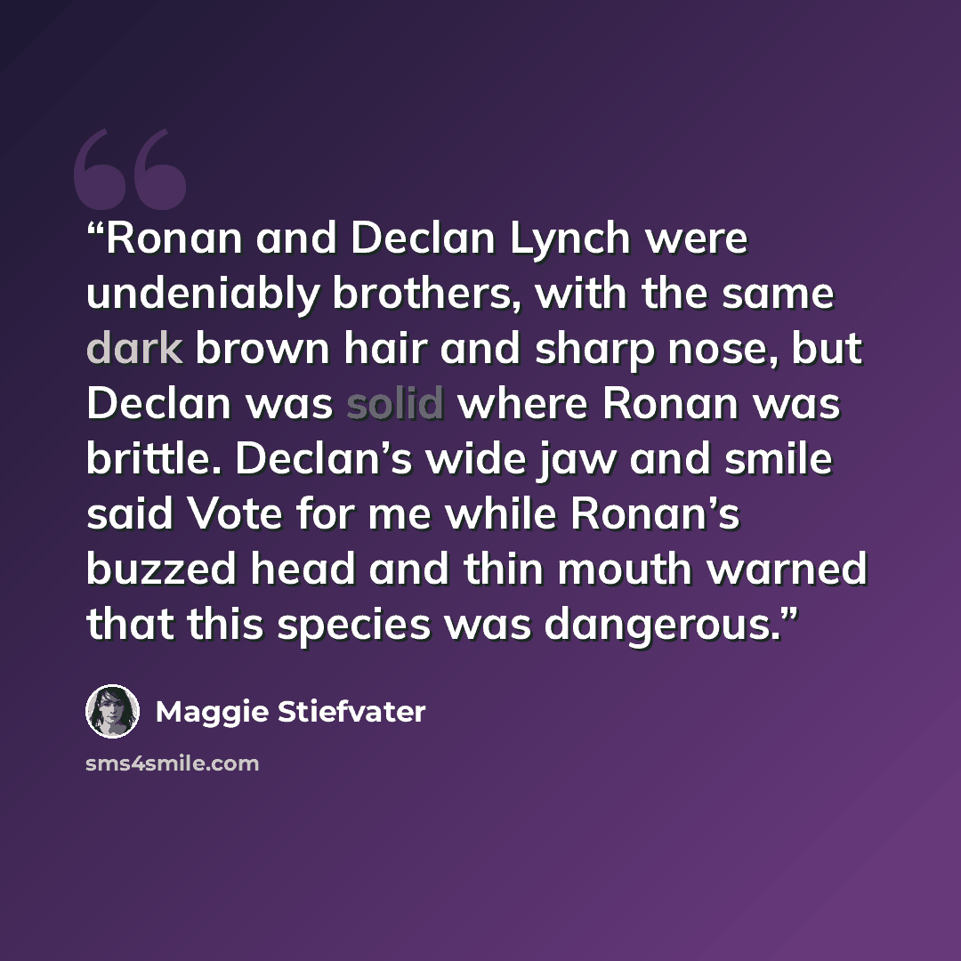 “Ronan and Declan Lynch were undeniably brothers, with the same dark brown hair and sharp nose, but Declan was solid where Ronan was brittle. Declan’s wide jaw and smile said Vote for me while Ronan’s buzzed head and thin mouth warned that this species was dangerous.” quote by Maggie Stiefvater