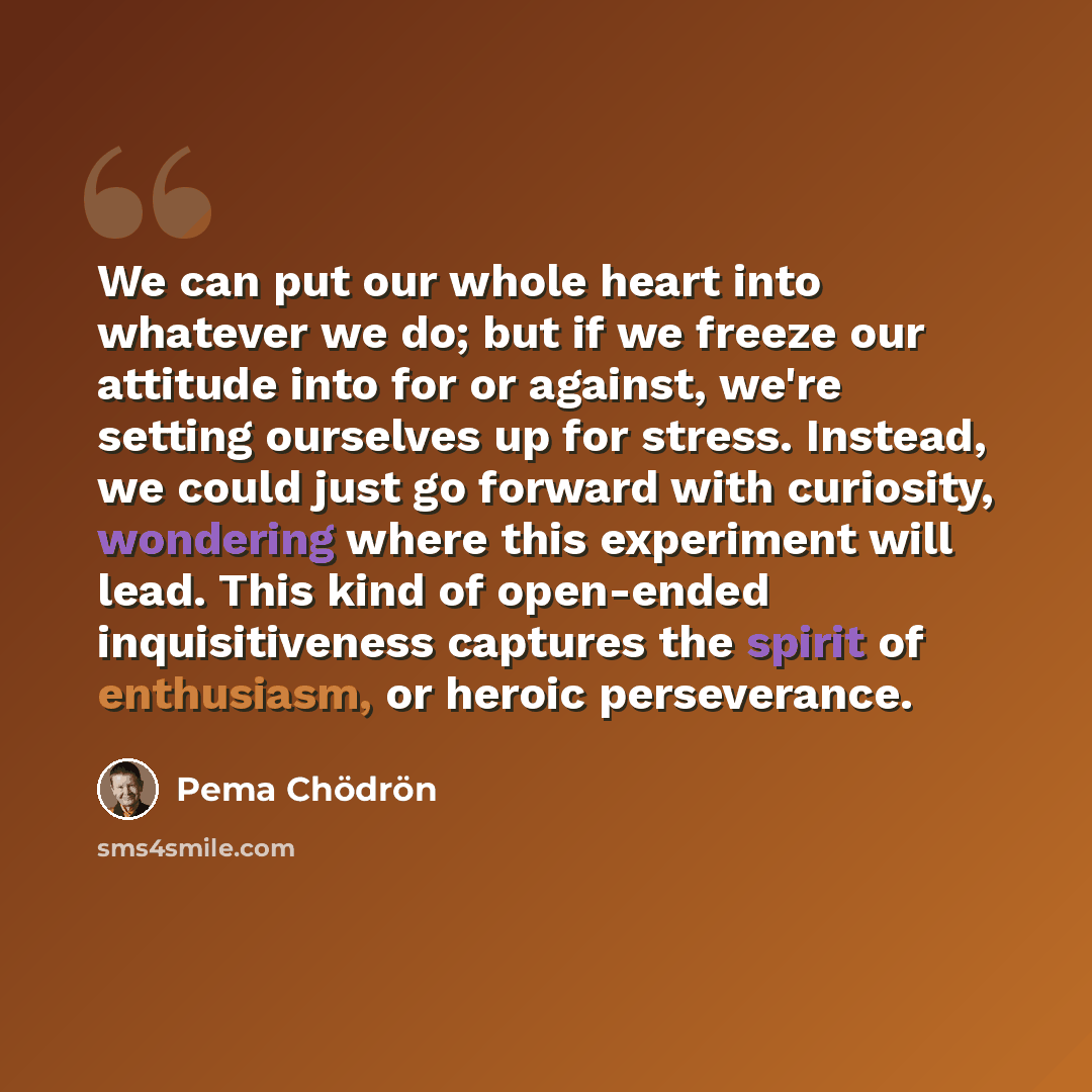 “We can put our whole heart into whatever we do; but if we freeze our attitude into for or against, we're setting ourselves up for stress. Instead, we could just go forward with curiosity, wondering where this experiment will lead. This kind of open-ended inquisitiveness captures the spirit of…” quote by Pema Chodron