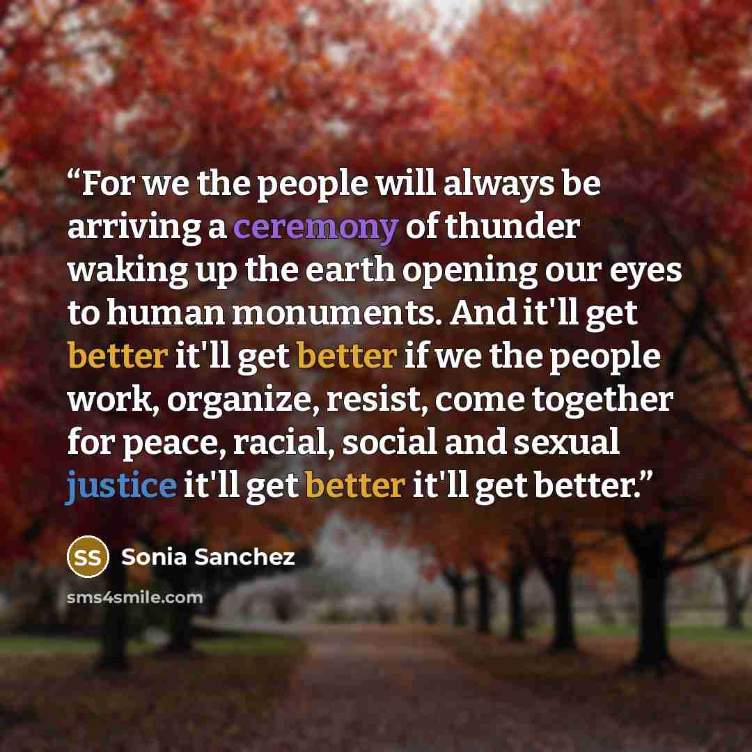 “For we the people will always be arriving a ceremony of thunder waking up the earth opening our eyes to human monuments. And it'll get better it'll get better if we the people work, organize, resist, come together for peace, racial, social and sexual justice it'll get better it'll get better.” quote by Sonia Sanchez