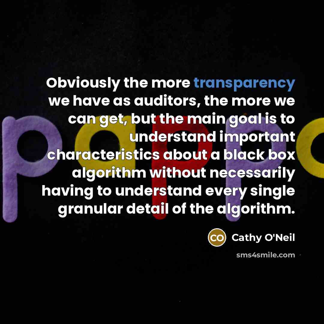 “Obviously the more transparency we have as auditors, the more we can get, but the main goal is to understand important characteristics about a black box algorithm without necessarily having to understand every single granular detail of the algorithm.” quote by Cathy O'Neil