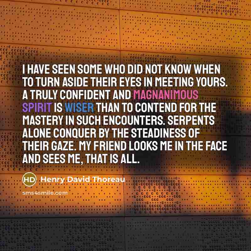 “I have seen some who did not know when to turn aside their eyes in meeting yours. A truly confident and magnanimous spirit is wiser than to contend for the mastery in such encounters. Serpents alone conquer by the steadiness of their gaze. My friend looks me in the face and sees me, that is all.” quote by Henry David Thoreau