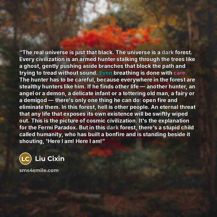 “The real universe is just that black. The universe is a dark forest. Every civilization is an armed hunter stalking through the trees like a ghost, gently pushing aside branches that block the path and trying to tread without sound. Even breathing is done with care. The hunter has to be careful…” quote by Liu Cixin