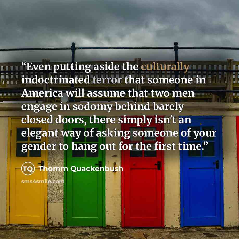 “Even putting aside the culturally indoctrinated terror that someone in America will assume that two men engage in sodomy behind barely closed doors, there simply isn't an elegant way of asking someone of your gender to hang out for the first time.” quote by Thomm Quackenbush