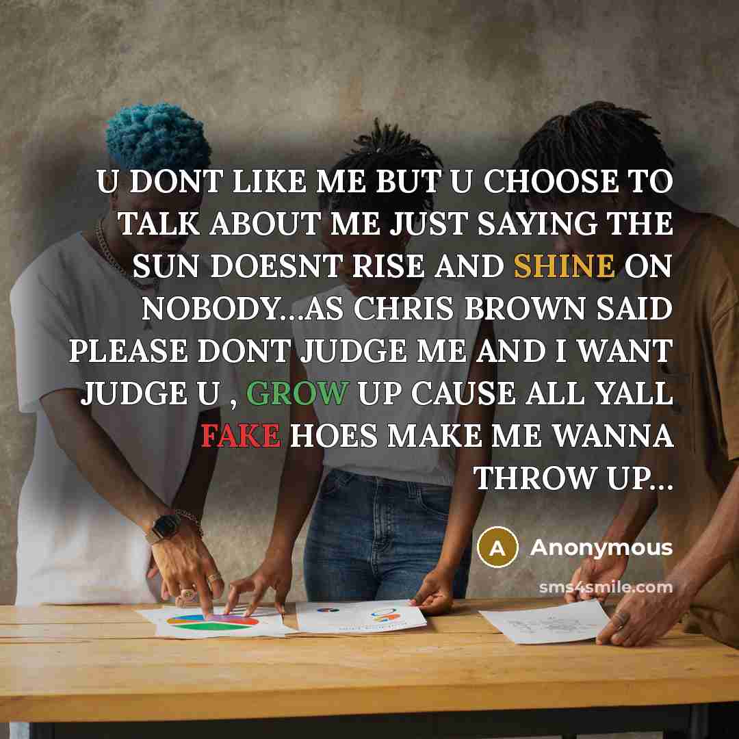 “U DONT LIKE ME BUT U CHOOSE TO TALK ABOUT ME JUST SAYING THE SUN DOESNT RISE AND SHINE ON NOBODY…AS CHRIS BROWN SAID PLEASE DONT JUDGE ME AND I WANT JUDGE U , GROW UP CAUSE ALL YALL FAKE HOES MAKE ME WANNA THROW UP…” quote by Anonymous