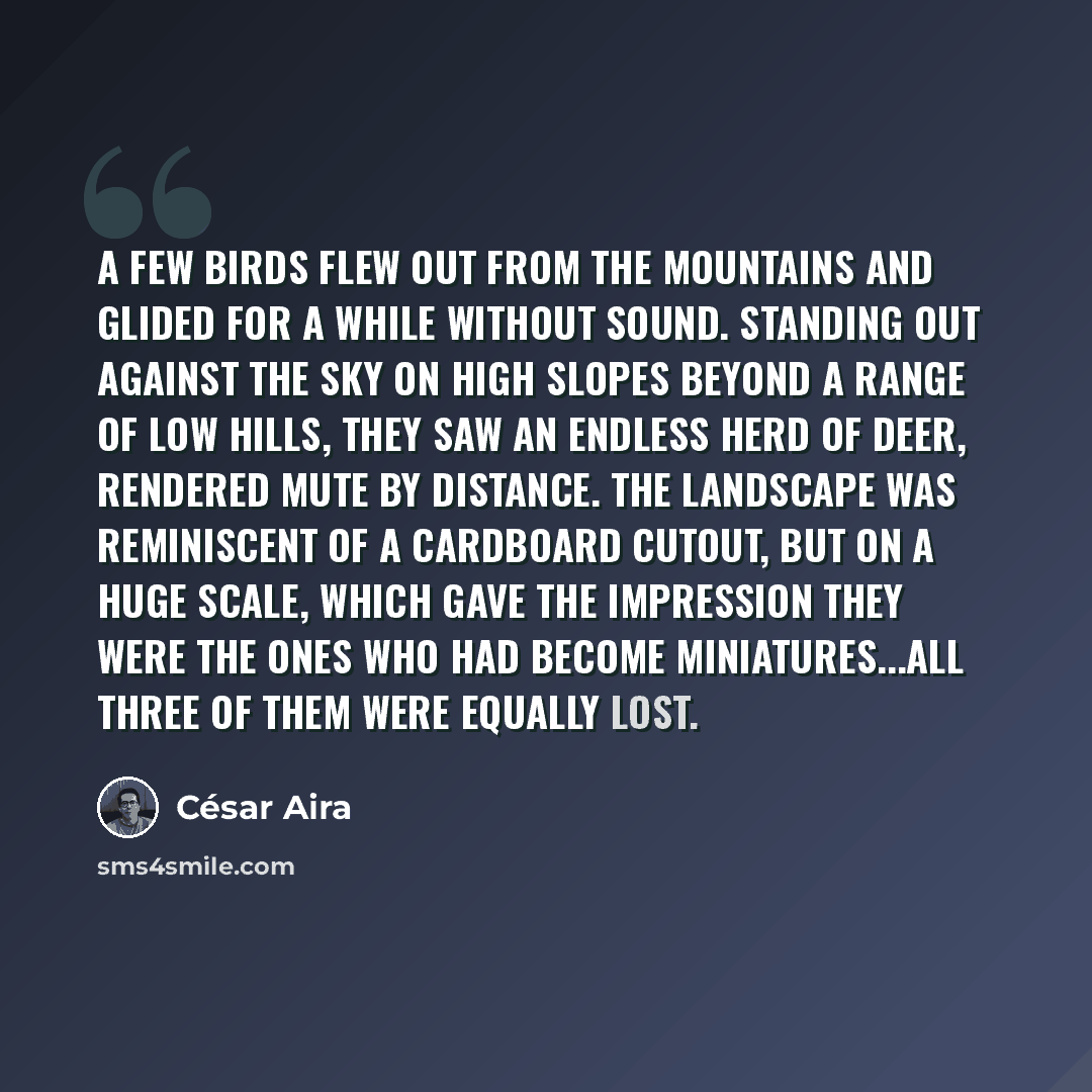 “A few birds flew out from the mountains and glided for a while without sound. Standing out against the sky on high slopes beyond a range of low hills, they saw an endless herd of deer, rendered mute by distance. The landscape was reminiscent of a cardboard cutout, but on a huge scale, which gave…” quote by Cesar Aira
