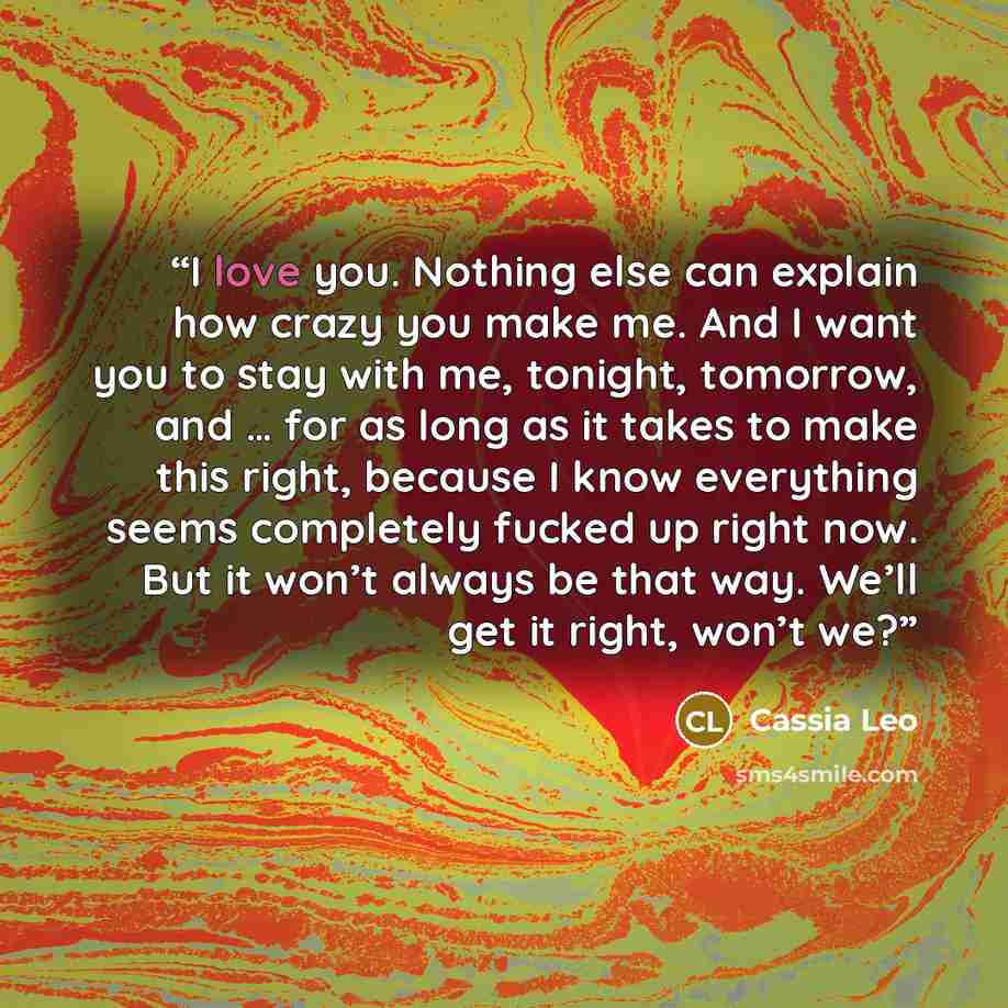 “I love you. Nothing else can explain how crazy you make me. And I want you to stay with me, tonight, tomorrow, and … for as long as it takes to make this right, because I know everything seems completely fucked up right now. But it won’t always be that way. We’ll get it right, won’t we?” quote by Cassia Leo
