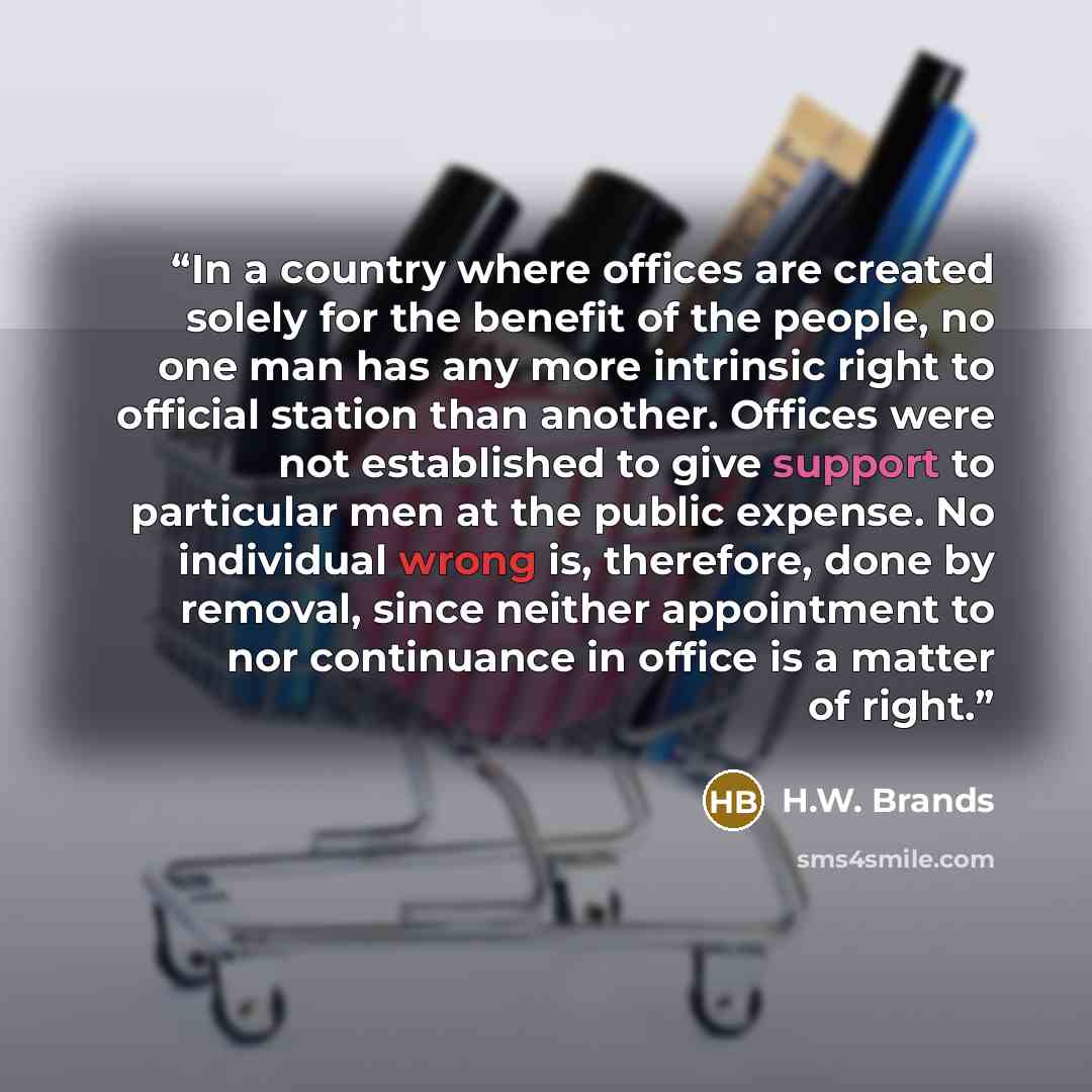 “In a country where offices are created solely for the benefit of the people, no one man has any more intrinsic right to official station than another. Offices were not established to give support to particular men at the public expense. No individual wrong is, therefore, done by removal, since…” quote by H.W. Brands