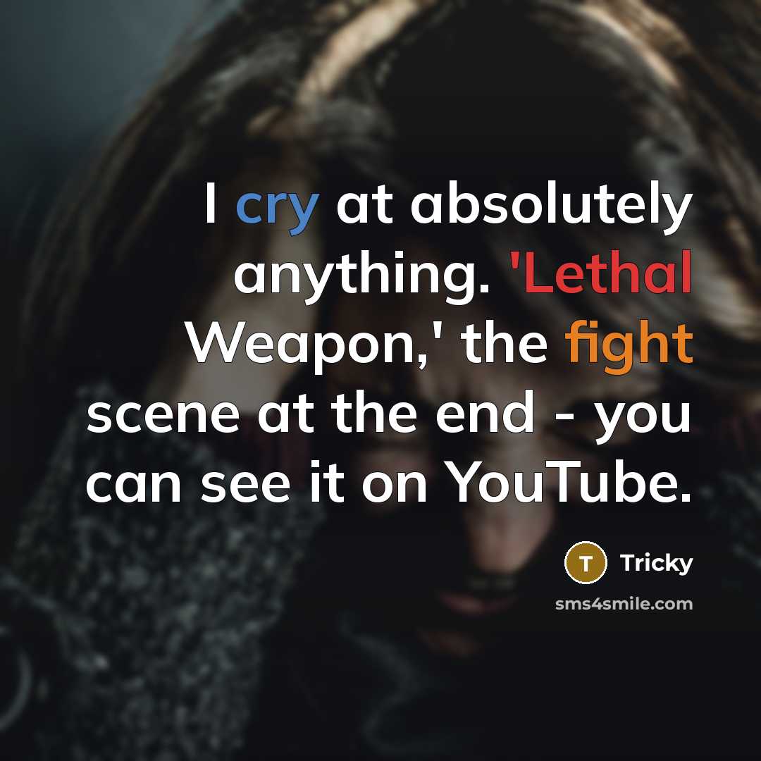“I cry at absolutely anything. 'Lethal Weapon,' the fight scene at the end - you can see it on YouTube.” quote by Tricky