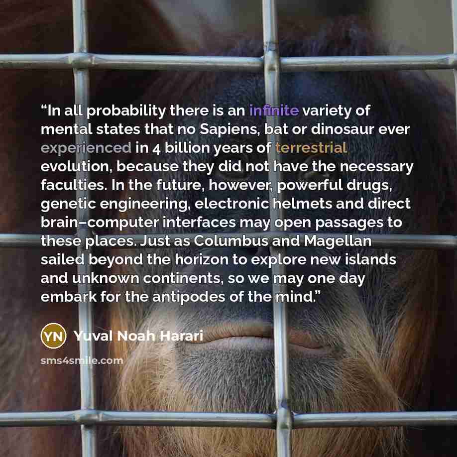 “In all probability there is an infinite variety of mental states that no Sapiens, bat or dinosaur ever experienced in 4 billion years of terrestrial evolution, because they did not have the necessary faculties. In the future, however, powerful drugs, genetic engineering, electronic helmets and…” quote by Yuval Noah Harari