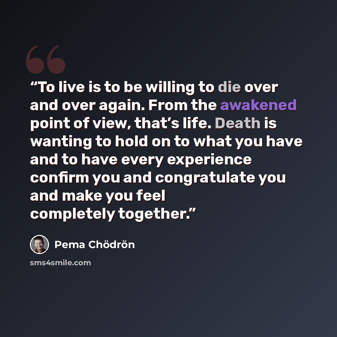 “To live is to be willing to die over and over again. From the awakened point of view, that’s life. Death is wanting to hold on to what you have and to have every experience confirm you and congratulate you and make you feel completely together.” quote by Pema Chödrön
