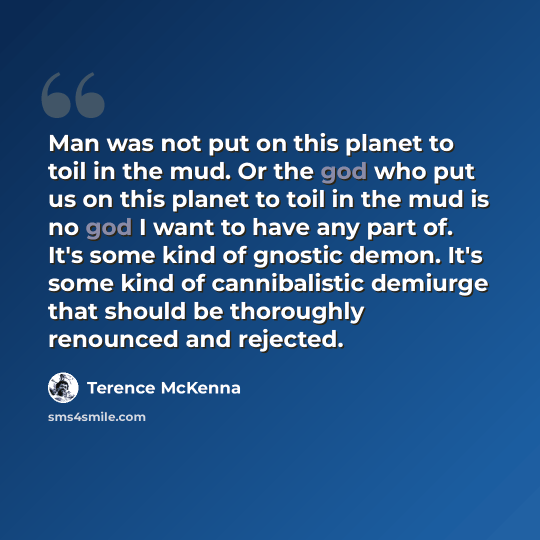 “Man was not put on this planet to toil in the mud. Or the god who put us on this planet to toil in the mud is no god I want to have any part of. It's some kind of gnostic demon. It's some kind of cannibalistic demiurge that should be thoroughly renounced and rejected.” quote by Terence McKenna