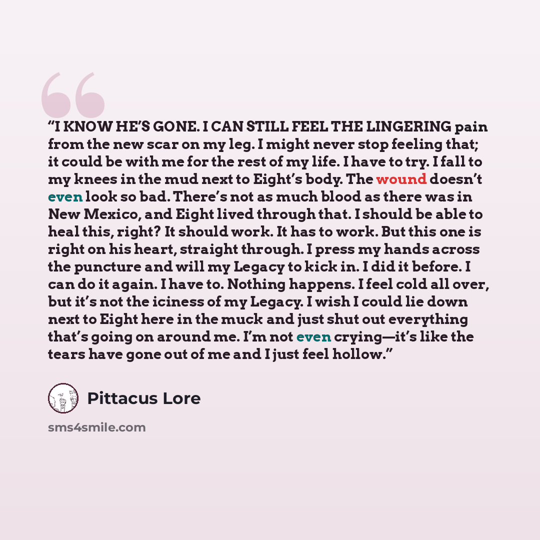 “I KNOW HE’S GONE. I CAN STILL FEEL THE LINGERING pain from the new scar on my leg. I might never stop feeling that; it could be with me for the rest of my life. I have to try. I fall to my knees in the mud next to Eight’s body. The wound doesn’t even look so bad. There’s not as much blood as there…” quote by Pittacus Lore