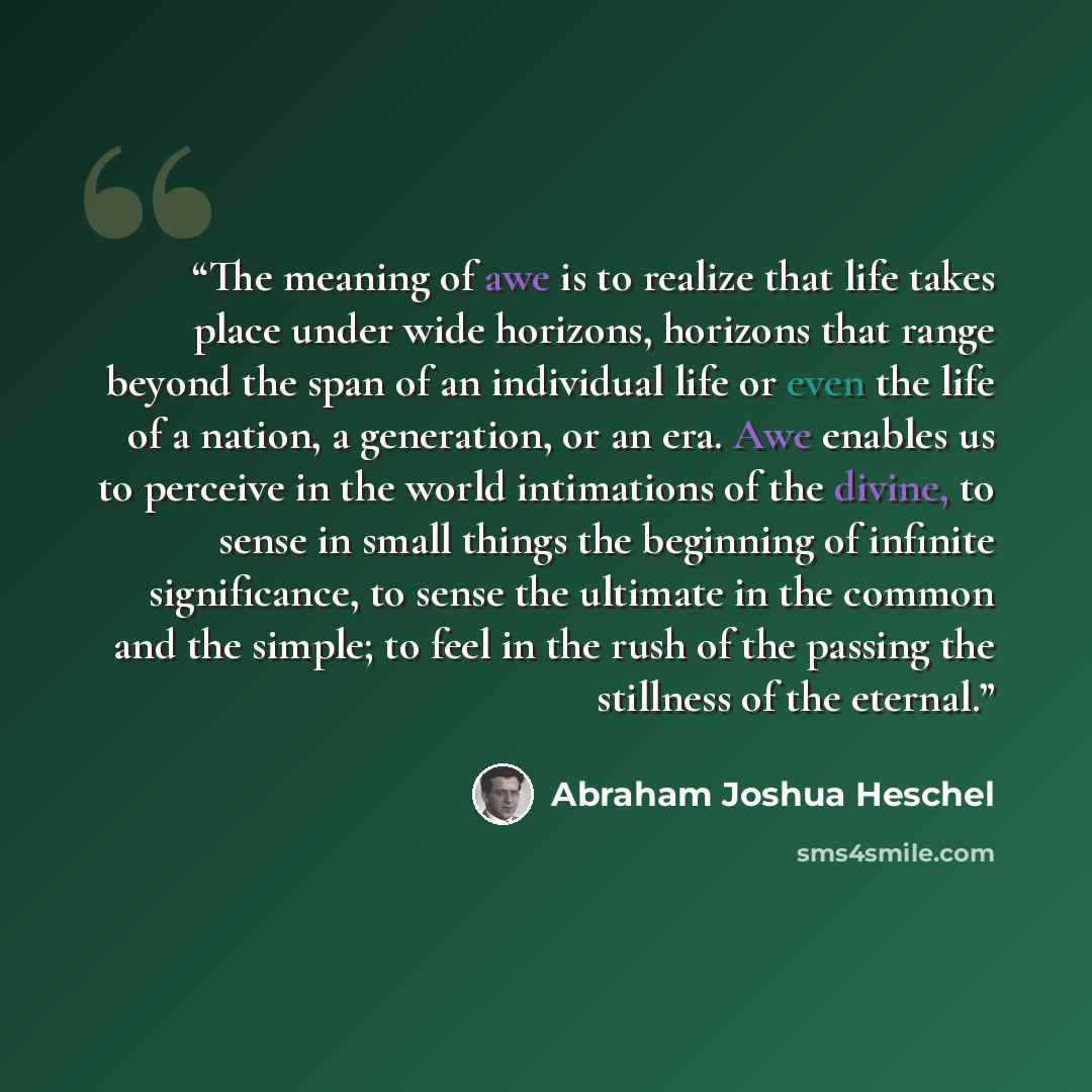 “The meaning of awe is to realize that life takes place under wide horizons, horizons that range beyond the span of an individual life or even the life of a nation, a generation, or an era. Awe enables us to perceive in the world intimations of the divine, to sense in small things the beginning of…” quote by Abraham Joshua Heschel