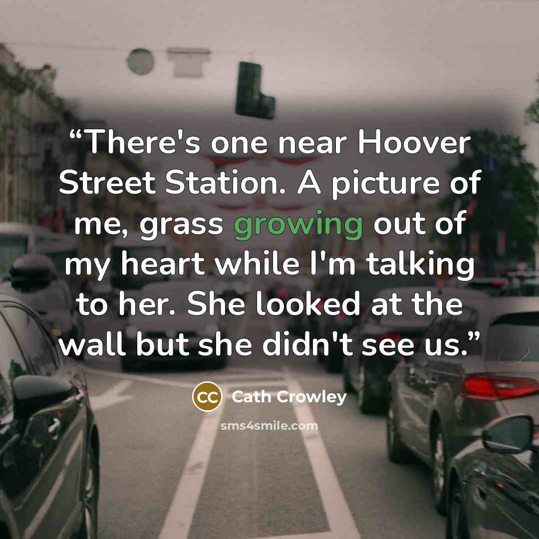 “There's one near Hoover Street Station. A picture of me, grass growing out of my heart while I'm talking to her. She looked at the wall but she didn't see us.” quote by Cath Crowley