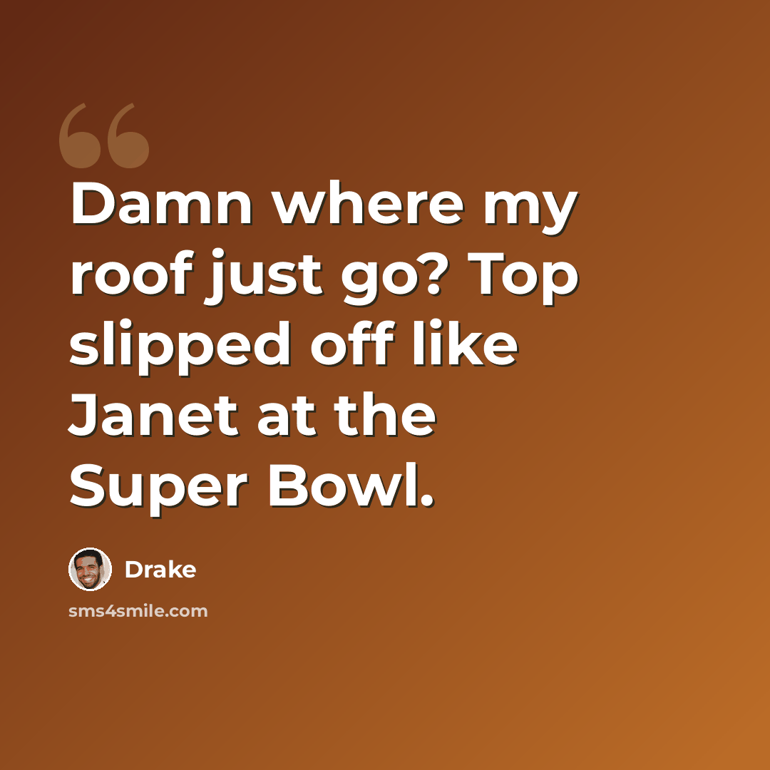 “Damn where my roof just go? Top slipped off like Janet at the Super Bowl.” quote by Drake