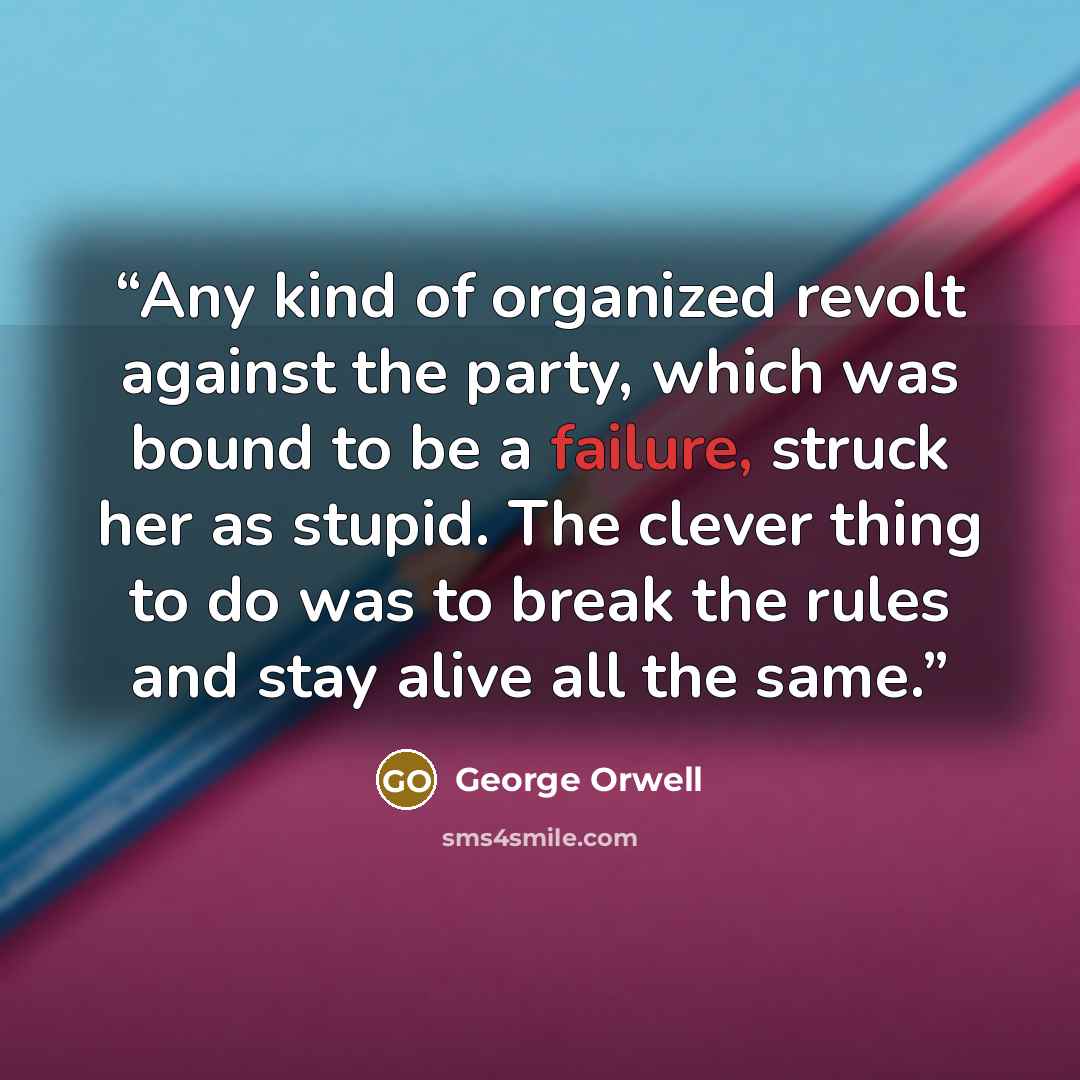 “Any kind of organized revolt against the party, which was bound to be a failure, struck her as stupid. The clever thing to do was to break the rules and stay alive all the same.” quote by George Orwell