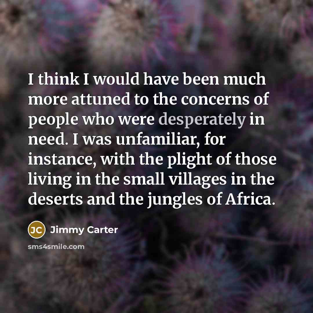 “I think I would have been much more attuned to the concerns of people who were desperately in need. I was unfamiliar, for instance, with the plight of those living in the small villages in the deserts and the jungles of Africa.” quote by Jimmy Carter