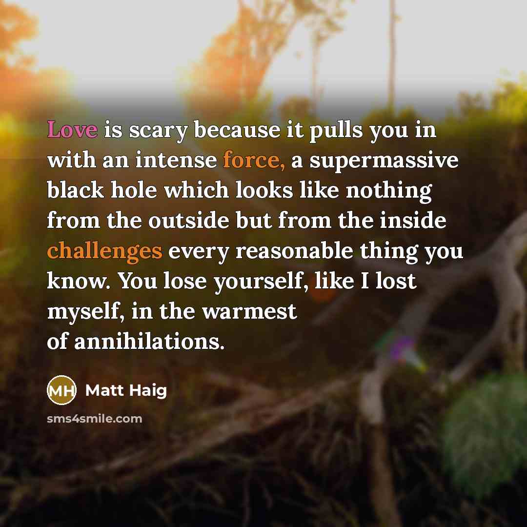 “Love is scary because it pulls you in with an intense force, a supermassive black hole which looks like nothing from the outside but from the inside challenges every reasonable thing you know. You lose yourself, like I lost myself, in the warmest of annihilations.” quote by Matt Haig