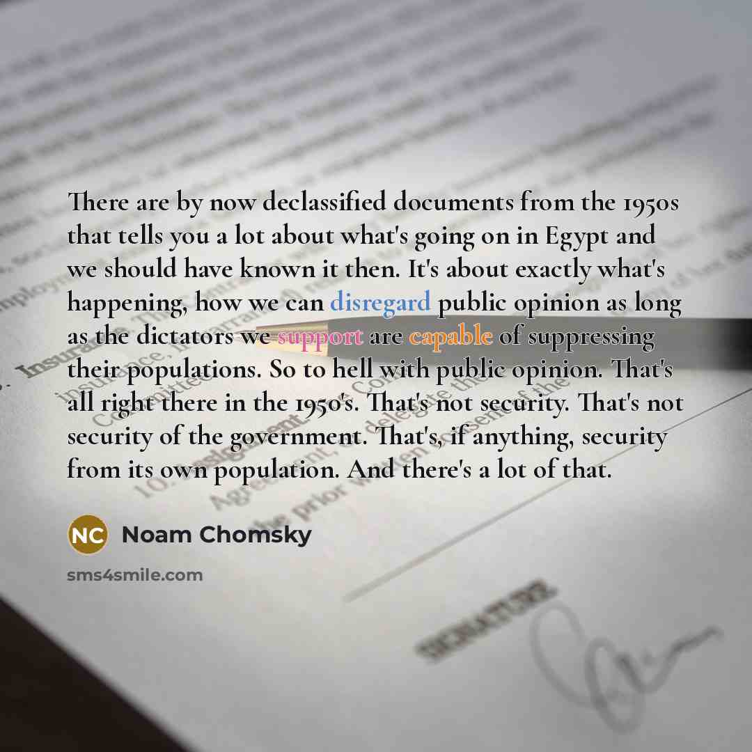“There are by now declassified documents from the 1950s that tells you a lot about what's going on in Egypt and we should have known it then. It's about exactly what's happening, how we can disregard public opinion as long as the dictators we support are capable of suppressing their populations. So…” quote by Noam Chomsky