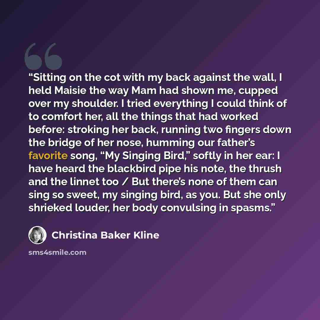 “Sitting on the cot with my back against the wall, I held Maisie the way Mam had shown me, cupped over my shoulder. I tried everything I could think of to comfort her, all the things that had worked before: stroking her back, running two fingers down the bridge of her nose, humming our father’s…” quote by Christina Baker Kline