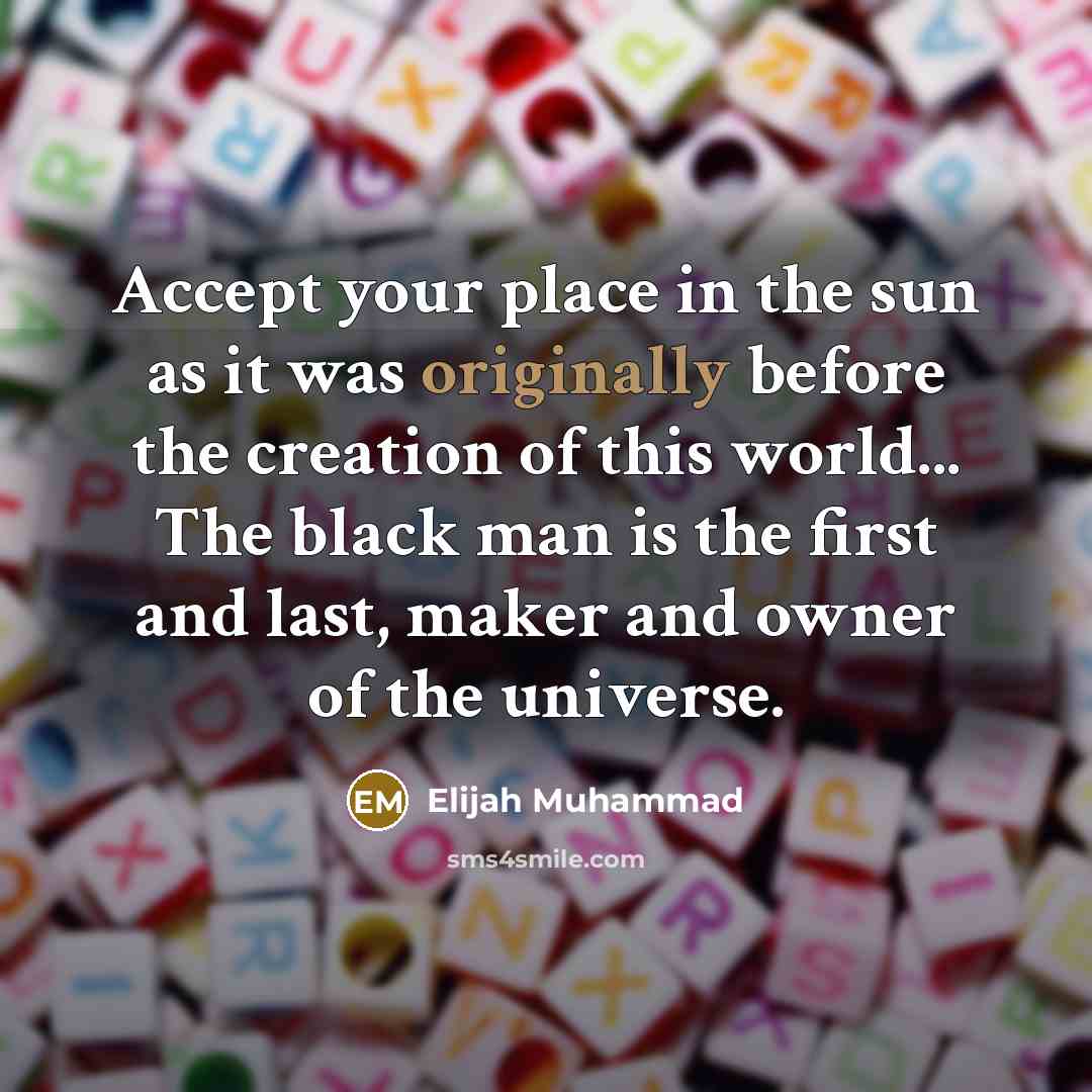“Accept your place in the sun as it was originally before the creation of this world... The black man is the first and last, maker and owner of the universe.” quote by Elijah Muhammad