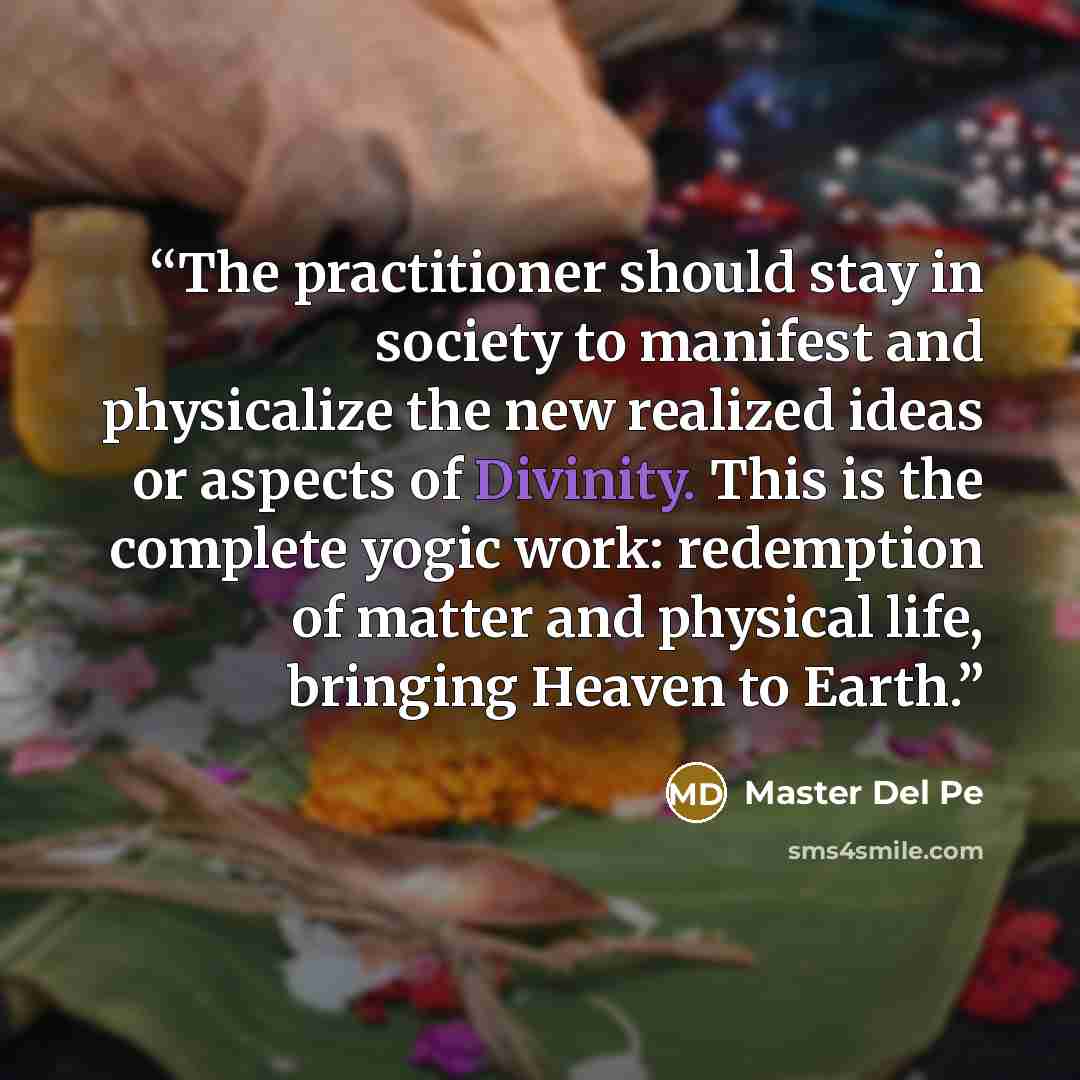 “The practitioner should stay in society to manifest and physicalize the new realized ideas or aspects of Divinity. This is the complete yogic work: redemption of matter and physical life, bringing Heaven to Earth.” quote by Master Del Pe