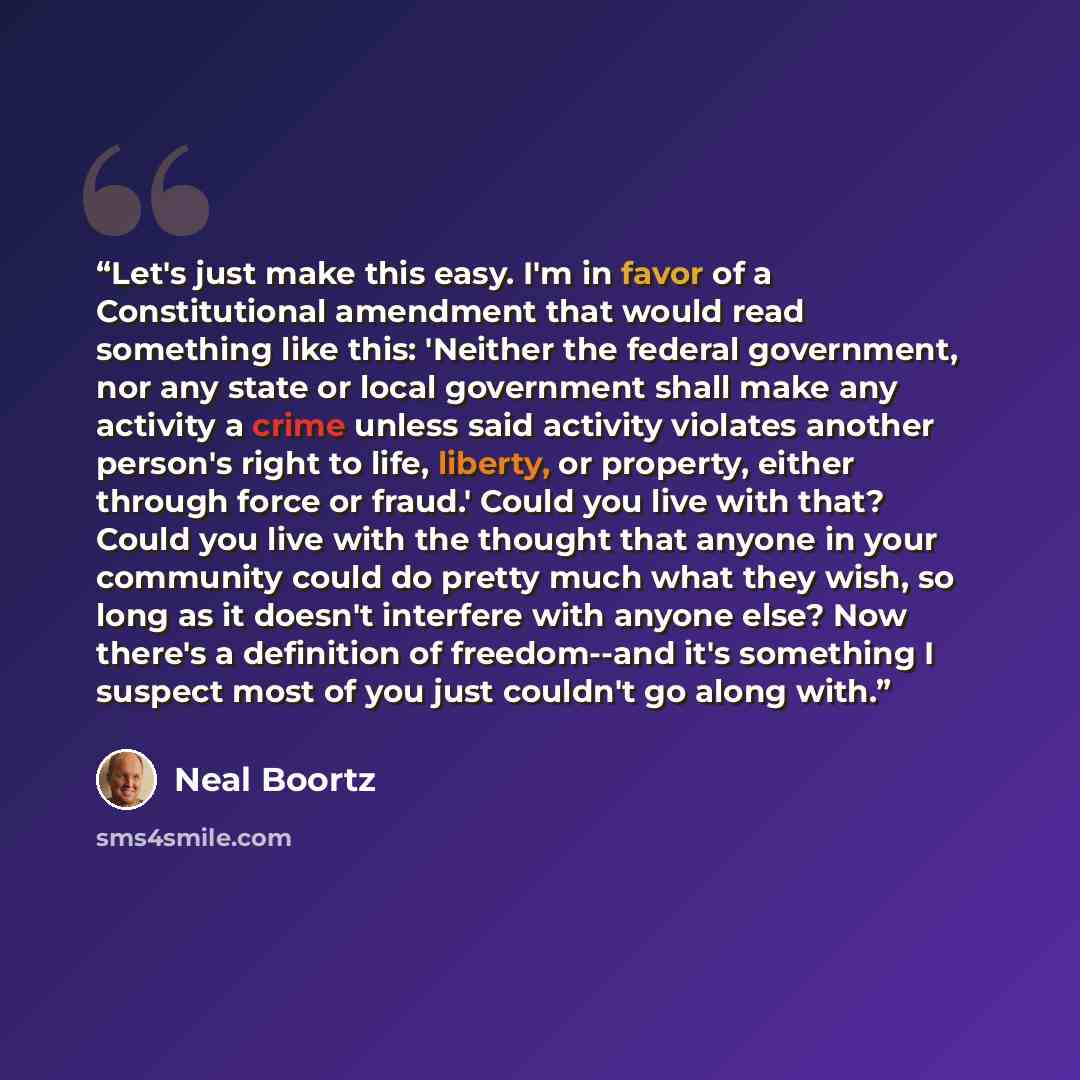 “Let's just make this easy. I'm in favor of a Constitutional amendment that would read something like this: 'Neither the federal government, nor any state or local government shall make any activity a crime unless said activity violates another person's right to life, liberty, or property, either…” quote by Neal Boortz