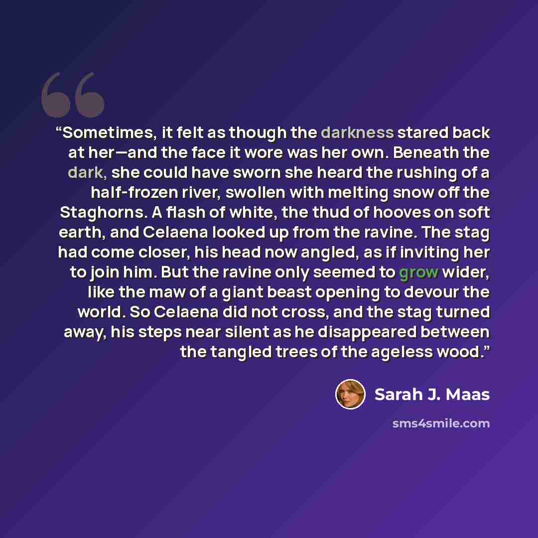 “Sometimes, it felt as though the darkness stared back at her—and the face it wore was her own. Beneath the dark, she could have sworn she heard the rushing of a half-frozen river, swollen with melting snow off the Staghorns. A flash of white, the thud of hooves on soft earth, and Celaena looked up…” quote by Sarah J. Maas
