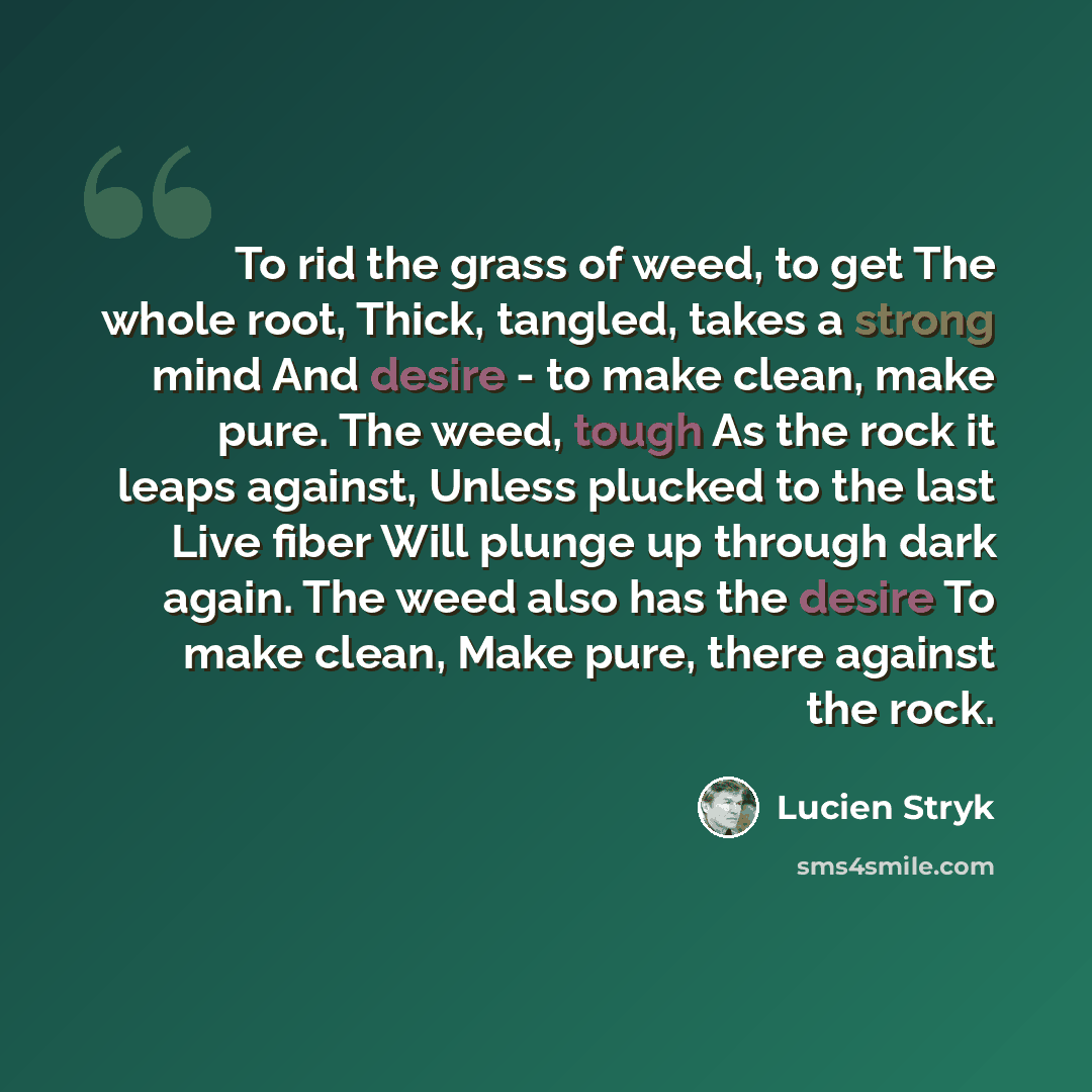 “To rid the grass of weed, to get The whole root, Thick, tangled, takes a strong mind And desire - to make clean, make pure. The weed, tough As the rock it leaps against, Unless plucked to the last Live fiber Will plunge up through dark again. The weed also has the desire To make clean, Make pure…” quote by Lucien Stryk