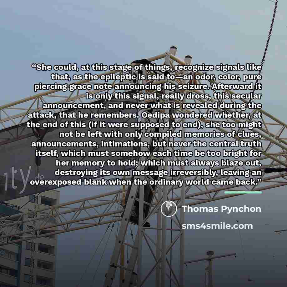 “She could, at this stage of things, recognize signals like that, as the epileptic is said to—an odor, color, pure piercing grace note announcing his seizure. Afterward it is only this signal, really dross, this secular announcement, and never what is revealed during the attack, that he remembers…” quote by Thomas Pynchon