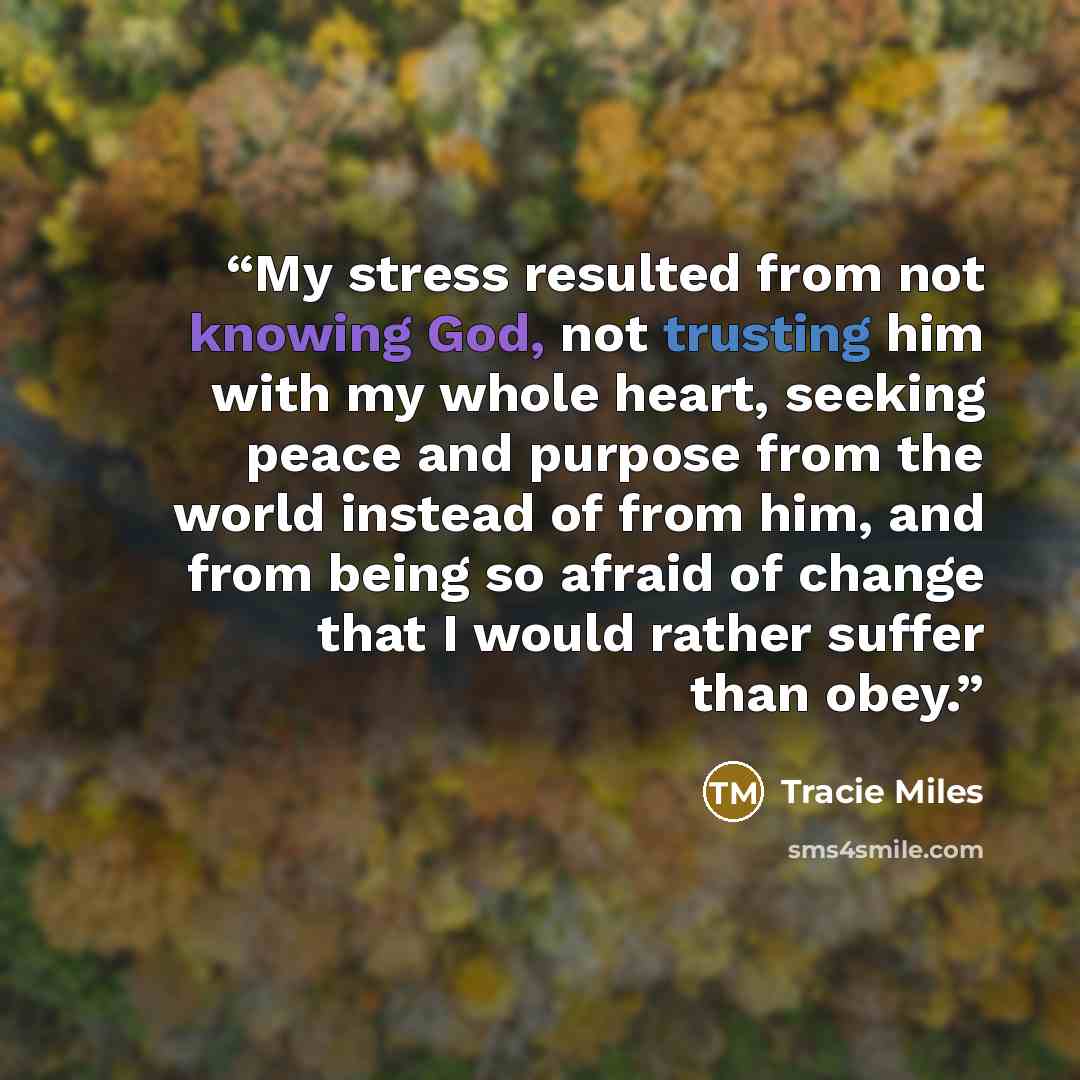 “My stress resulted from not knowing God, not trusting him with my whole heart, seeking peace and purpose from the world instead of from him, and from being so afraid of change that I would rather suffer than obey.” quote by Tracie Miles