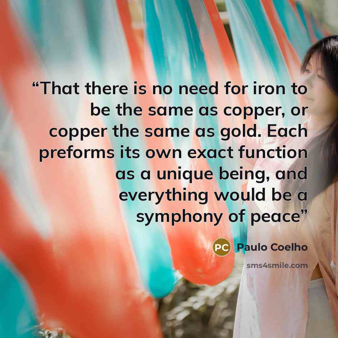 “That there is no need for iron to be the same as copper, or copper the same as gold. Each preforms its own exact function as a unique being, and everything would be a symphony of peace” quote by Paulo Coelho