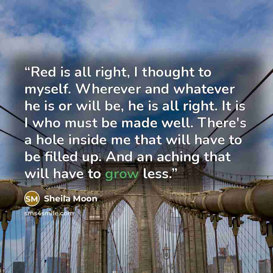 “Red is all right, I thought to myself. Wherever and whatever he is or will be, he is all right. It is I who must be made well. There's a hole inside me that will have to be filled up. And an aching that will have to grow less.” quote by Sheila Moon