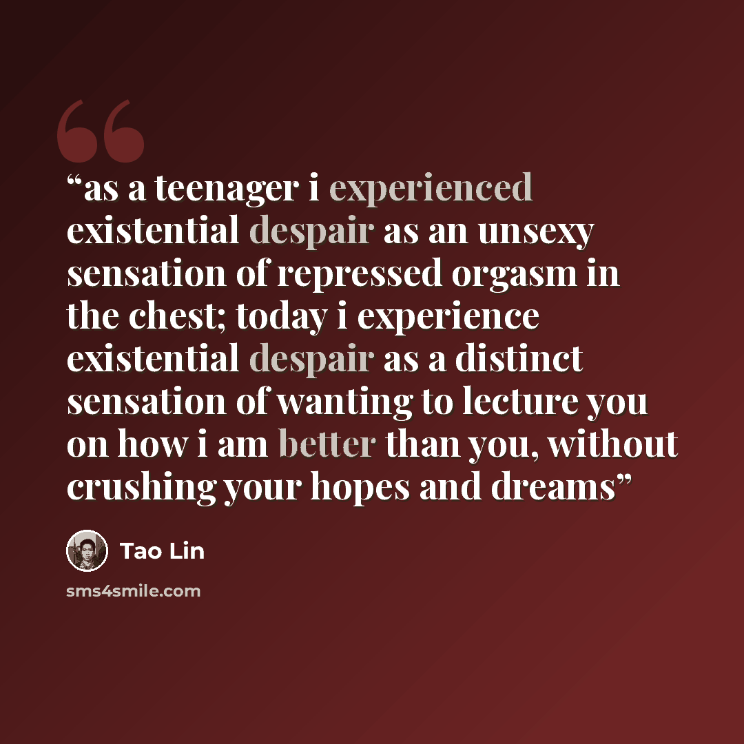 “as a teenager i experienced existential despair as an unsexy sensation of repressed orgasm in the chest; today i experience existential despair as a distinct sensation of wanting to lecture you on how i am better than you, without crushing your hopes and dreams” quote by Tao Lin