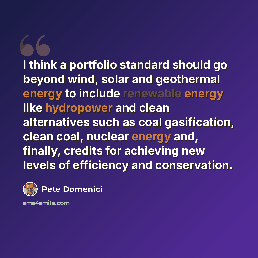“I think a portfolio standard should go beyond wind, solar and geothermal energy to include renewable energy like hydropower and clean alternatives such as coal gasification, clean coal, nuclear energy and, finally, credits for achieving new levels of efficiency and conservation.” quote by Pete Domenici